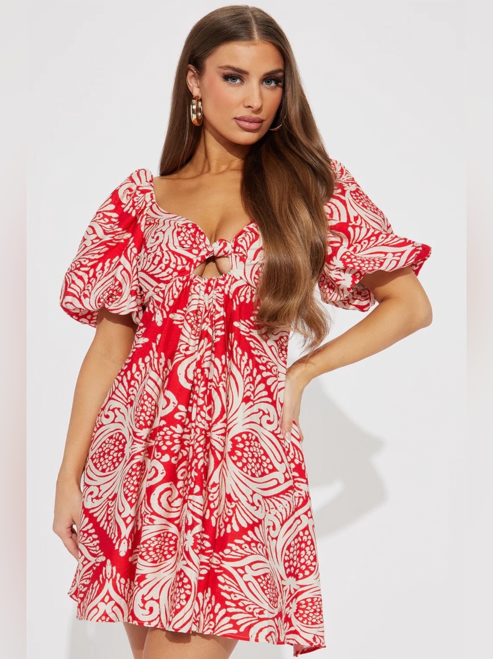 Versailles Puff Sleeve Mini Dress - Red